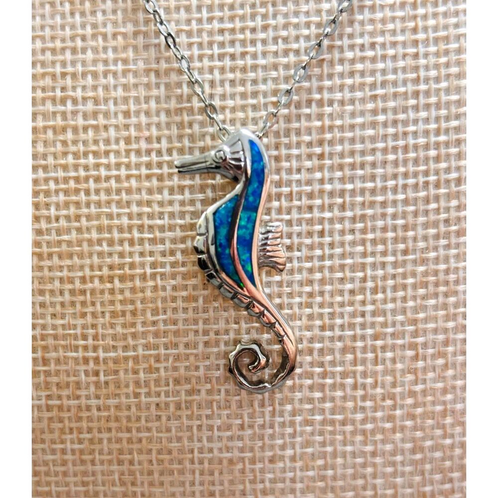 Sterling Silver Hawaiian Blue Opal Seahorse Pendant Necklace